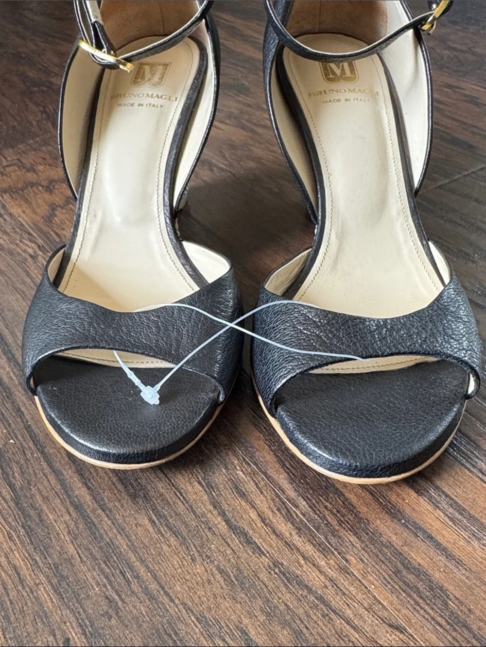 Bruno Magli Black Leather Peep-Toe Wedge Sandals with Raffia-Wrapped Heel